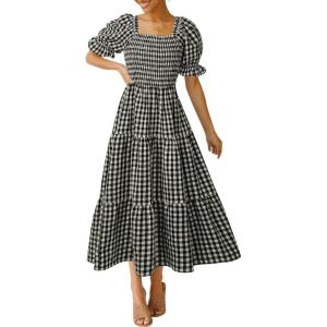 imageZESICA Womens 2025 Bohemian Summer Plaid Square Neck Puff Sleeve Ruffle Flowy Beach Midi DressBlack