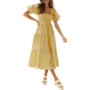 imageZESICA Womens 2025 Bohemian Summer Plaid Square Neck Puff Sleeve Ruffle Flowy Beach Midi DressGinger