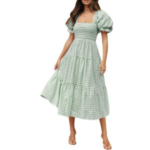 imageZESICA Womens 2025 Bohemian Summer Plaid Square Neck Puff Sleeve Ruffle Flowy Beach Midi DressGreen