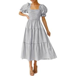 imageZESICA Womens 2025 Bohemian Summer Plaid Square Neck Puff Sleeve Ruffle Flowy Beach Midi DressGrey