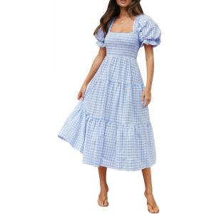 imageZESICA Womens 2025 Bohemian Summer Plaid Square Neck Puff Sleeve Ruffle Flowy Beach Midi DressLightblue