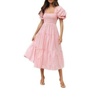 imageZESICA Womens 2025 Bohemian Summer Plaid Square Neck Puff Sleeve Ruffle Flowy Beach Midi DressPink