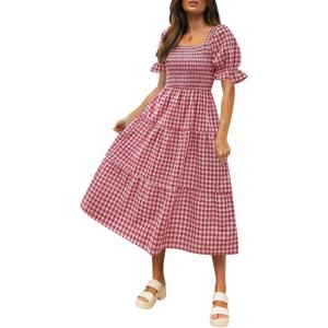 imageZESICA Womens 2025 Bohemian Summer Plaid Square Neck Puff Sleeve Ruffle Flowy Beach Midi DressRed