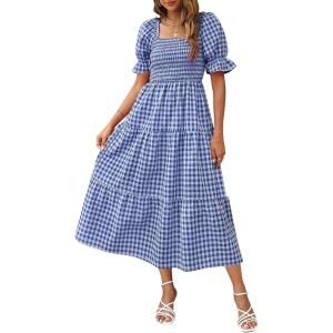 imageZESICA Womens 2025 Bohemian Summer Plaid Square Neck Puff Sleeve Ruffle Flowy Beach Midi DressRoyalblue