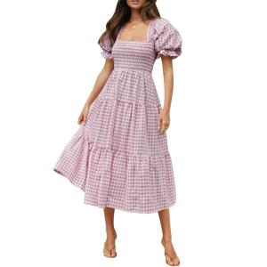 imageZESICA Womens 2025 Bohemian Summer Plaid Square Neck Puff Sleeve Ruffle Flowy Beach Midi DressTaro