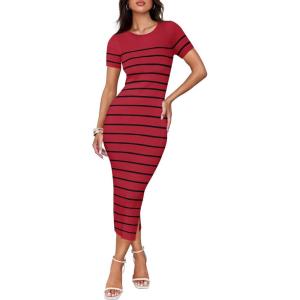imageZESICA Womens 2025 Summer Bodycon Midi Dress Striped Short Sleeve Ribbed Knit Slim Fit Side Slit Vacation Long DressesWine