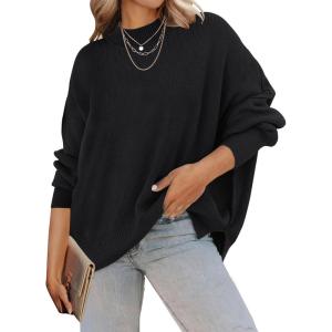 imageZESICA Womens Fall Casual Long Sleeve Crew Neck Side Slit Oversized Ribbed Knit Pullover Sweater TopsBlack