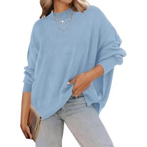 imageZESICA Womens Fall Casual Long Sleeve Crew Neck Side Slit Oversized Ribbed Knit Pullover Sweater TopsBlue