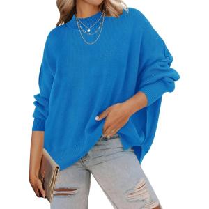 imageZESICA Womens Fall Casual Long Sleeve Crew Neck Side Slit Oversized Ribbed Knit Pullover Sweater TopsBrightblue