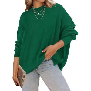 imageZESICA Womens Fall Casual Long Sleeve Crew Neck Side Slit Oversized Ribbed Knit Pullover Sweater TopsDarkgreen