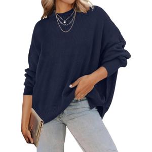 imageZESICA Womens Fall Casual Long Sleeve Crew Neck Side Slit Oversized Ribbed Knit Pullover Sweater TopsNavy