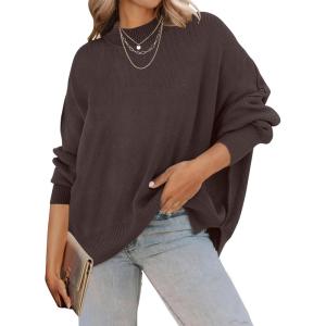 imageZESICA Womens Fall Casual Long Sleeve Crew Neck Side Slit Oversized Ribbed Knit Pullover Sweater TopsNutmeg