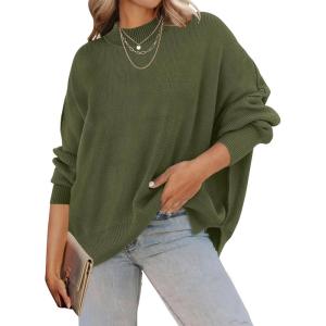 imageZESICA Womens Fall Casual Long Sleeve Crew Neck Side Slit Oversized Ribbed Knit Pullover Sweater TopsOlive