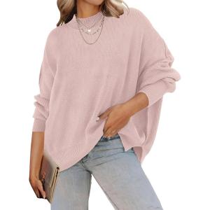 imageZESICA Womens Fall Casual Long Sleeve Crew Neck Side Slit Oversized Ribbed Knit Pullover Sweater TopsPink