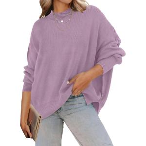 imageZESICA Womens Fall Casual Long Sleeve Crew Neck Side Slit Oversized Ribbed Knit Pullover Sweater TopsPurple