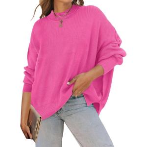 imageZESICA Womens Fall Casual Long Sleeve Crew Neck Side Slit Oversized Ribbed Knit Pullover Sweater TopsRose