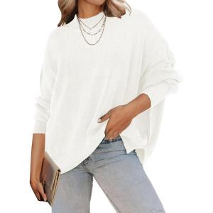 imageZESICA Womens Fall Casual Long Sleeve Crew Neck Side Slit Oversized Ribbed Knit Pullover Sweater TopsWhite