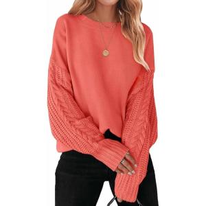 imageZESICA Womens Fall Long Sleeve Crew Neck Solid Color Cable Knit Chunky Casual Oversized Pullover Sweater TopsCoral