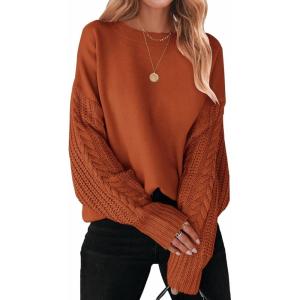 imageZESICA Womens Fall Long Sleeve Crew Neck Solid Color Cable Knit Chunky Casual Oversized Pullover Sweater TopsDeeporange
