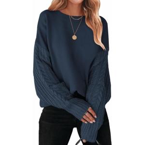 imageZESICA Womens Fall Long Sleeve Crew Neck Solid Color Cable Knit Chunky Casual Oversized Pullover Sweater TopsNavy