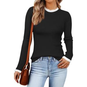 imageZESICA Womens Long Sleeve Ruffle Sweaters Spring Crewneck Color Block Slim Fit Basic Casual Knit Pullover Sweater TopsBlack