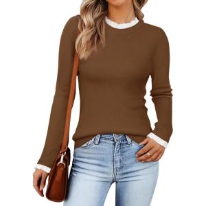 imageZESICA Womens Long Sleeve Ruffle Sweaters Spring Crewneck Color Block Slim Fit Basic Casual Knit Pullover Sweater TopsBrown