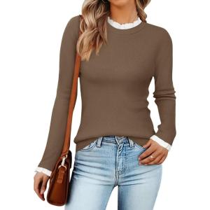 imageZESICA Womens Long Sleeve Ruffle Sweaters Spring Crewneck Color Block Slim Fit Basic Casual Knit Pullover Sweater TopsCamel