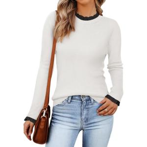 imageZESICA Womens Long Sleeve Ruffle Sweaters Spring Crewneck Color Block Slim Fit Basic Casual Knit Pullover Sweater TopsIvory