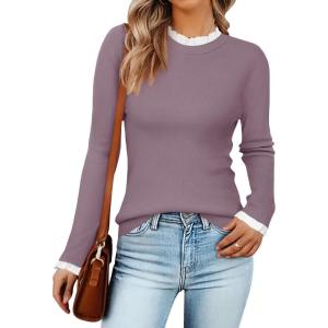imageZESICA Womens Long Sleeve Ruffle Sweaters Spring Crewneck Color Block Slim Fit Basic Casual Knit Pullover Sweater TopsTaro