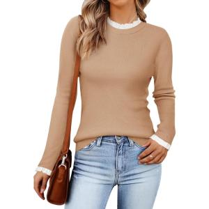 imageZESICA Womens Long Sleeve Ruffle Sweaters Spring Crewneck Color Block Slim Fit Basic Casual Knit Pullover Sweater TopsToffee