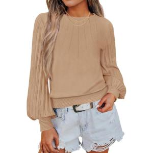 imageZESICA Womens Sweaters Puff Long Sleeve Crew Neck Solid Color Casual Soft Knit Pullover Tops Trendy ClothesLight Khaki