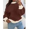 imageZESICA Womens Casual Long Sleeve Crew Neck Pullover 2025 Spring Ribbed Knit Loose Contrast Color Sweater TopsCoffee