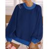imageZESICA Womens Casual Long Sleeve Crew Neck Pullover 2025 Spring Ribbed Knit Loose Contrast Color Sweater TopsNavy