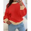 imageZESICA Womens Casual Long Sleeve Crew Neck Pullover 2025 Spring Ribbed Knit Loose Contrast Color Sweater TopsRed