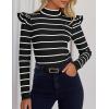 imageZESICA Womens Striped Ruffle Long Sleeve Tops Fall Turtleneck Ribbed Knit Slim Fit Basic Shirt Casual Pullover SweaterBlack