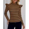 imageZESICA Womens Striped Ruffle Long Sleeve Tops Fall Turtleneck Ribbed Knit Slim Fit Basic Shirt Casual Pullover SweaterBrown