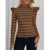 imageZESICA Womens Striped Ruffle Long Sleeve Tops Fall Turtleneck Ribbed Knit Slim Fit Basic Shirt Casual Pullover SweaterBrown