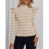 imageZESICA Womens Striped Ruffle Long Sleeve Tops Fall Turtleneck Ribbed Knit Slim Fit Basic Shirt Casual Pullover SweaterSand