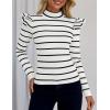 imageZESICA Womens Striped Ruffle Long Sleeve Tops Fall Turtleneck Ribbed Knit Slim Fit Basic Shirt Casual Pullover SweaterWhite