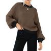 imageZESICA Womens Casual Long Sleeve Crew Neck Pullover 2025 Spring Ribbed Knit Loose Contrast Color Sweater TopsBrown