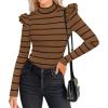 imageZESICA Womens Striped Ruffle Long Sleeve Tops Fall Turtleneck Ribbed Knit Slim Fit Basic Shirt Casual Pullover SweaterBrown