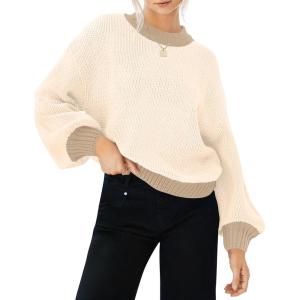 imageZESICA Womens Casual Long Sleeve Crew Neck Pullover 2025 Spring Ribbed Knit Loose Contrast Color Sweater TopsApricot