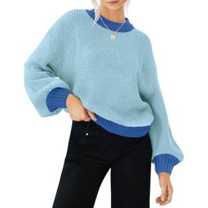 imageZESICA Womens Casual Long Sleeve Crew Neck Pullover 2025 Spring Ribbed Knit Loose Contrast Color Sweater TopsBlue