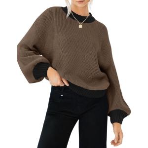 imageZESICA Womens Casual Long Sleeve Crew Neck Pullover 2025 Spring Ribbed Knit Loose Contrast Color Sweater TopsBrown