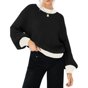 imageZESICA Womens Casual Long Sleeve Crew Neck Pullover 2025 Spring Ribbed Knit Loose Contrast Color Sweater TopsDark