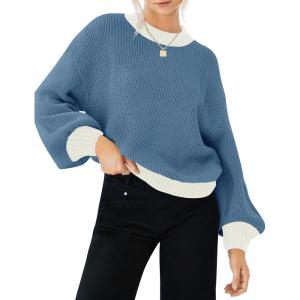 imageZESICA Womens Casual Long Sleeve Crew Neck Pullover 2025 Spring Ribbed Knit Loose Contrast Color Sweater TopsDustyblue