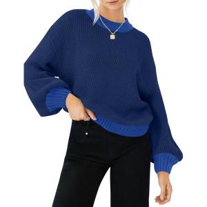imageZESICA Womens Casual Long Sleeve Crew Neck Pullover 2025 Spring Ribbed Knit Loose Contrast Color Sweater TopsNavy