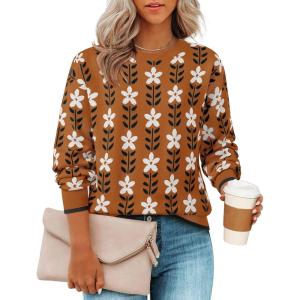 imageZESICA Womens Long Sleeve Crewneck Sweater 2025 Fall Printed Cute Oversized Knitted Pullover Tops Trendy ClothesCaramel