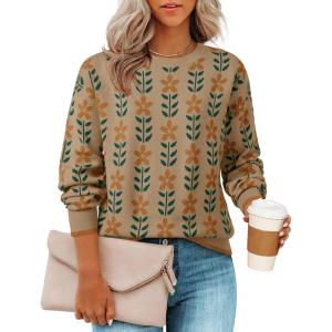 imageZESICA Womens Long Sleeve Crewneck Sweater 2025 Fall Printed Cute Oversized Knitted Pullover Tops Trendy ClothesKhaki