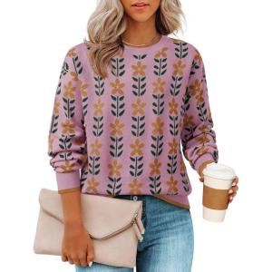imageZESICA Womens Long Sleeve Crewneck Sweater 2025 Fall Printed Cute Oversized Knitted Pullover Tops Trendy ClothesPink